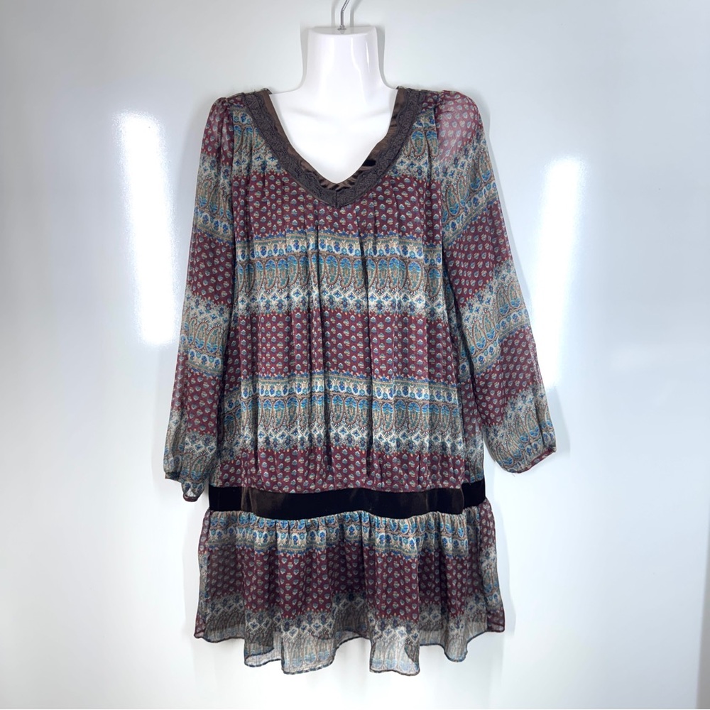 Boho Peasant Tunic Dress Mini Sheer Ruffle Hem Flowy Relaxed Small  Gypsy